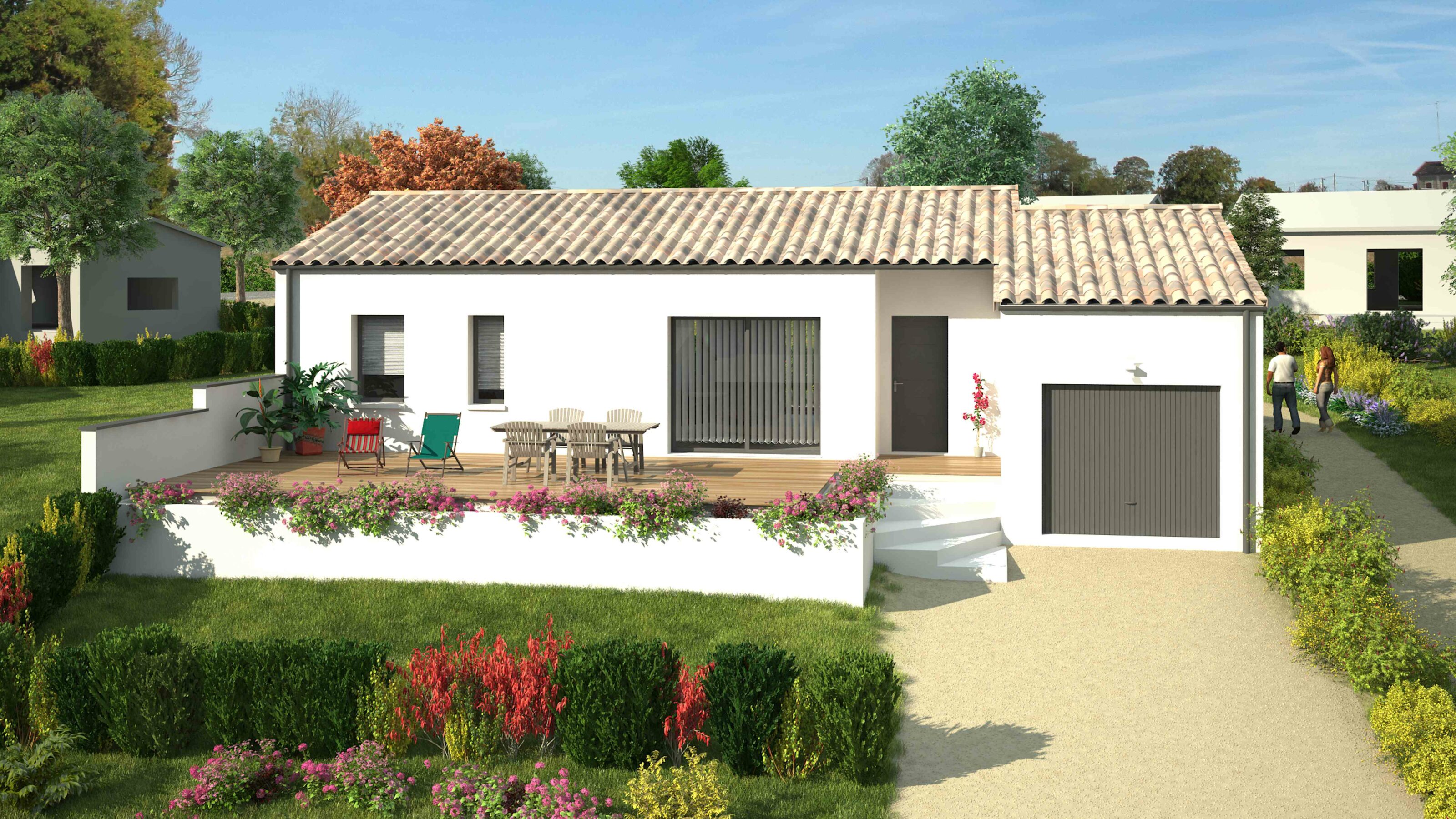 Visuel 3D maison plain pied avec terrasse arborés